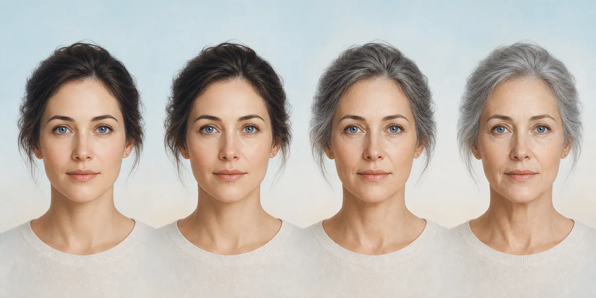 Ilustración editorial de un retrato en cuatro etapas de progresión de edad con IA