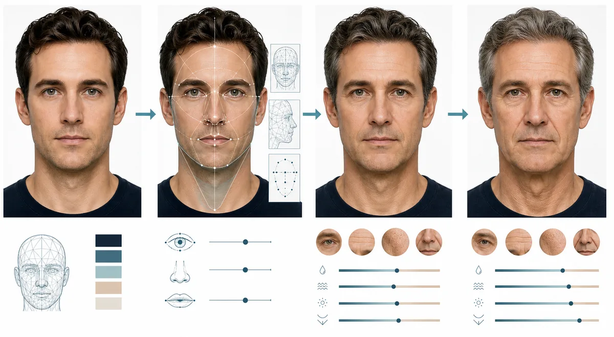 Diagrama editorial de un retrato que pasa por análisis de rasgos y generación de señales de edad
