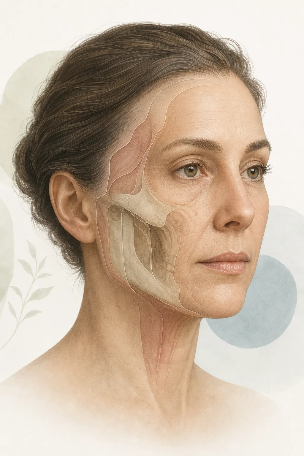 Illustration éditoriale des couches osseuses, graisseuses et cutanées d’un visage adulte
