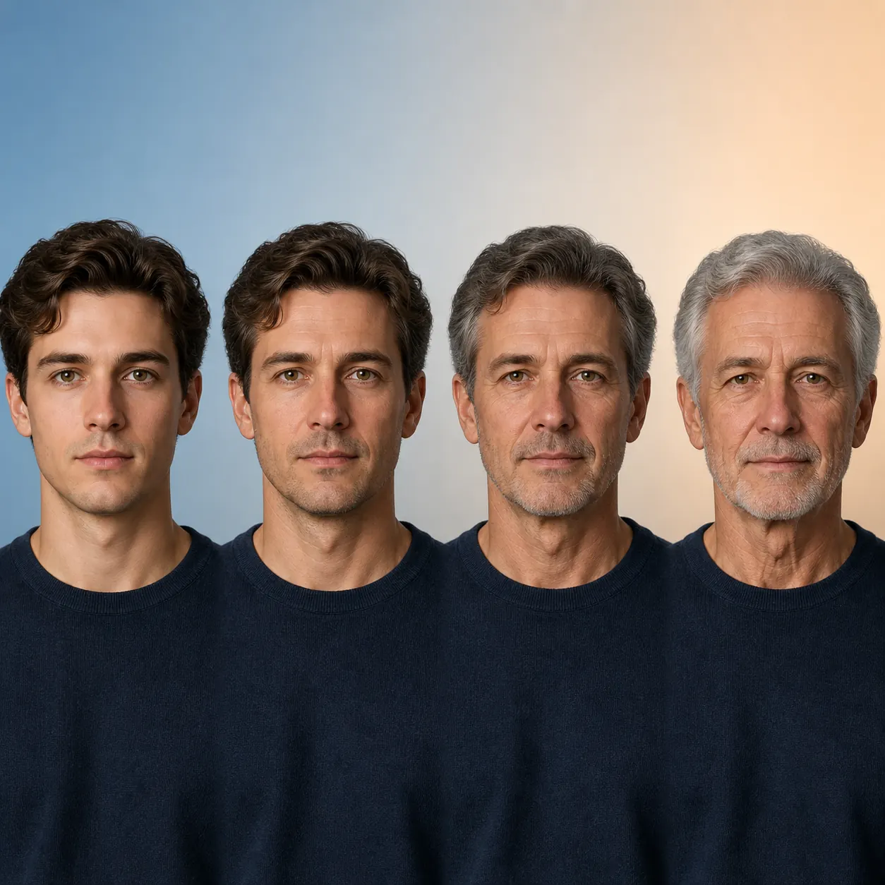 Adult portrait shown across four age progression stages
