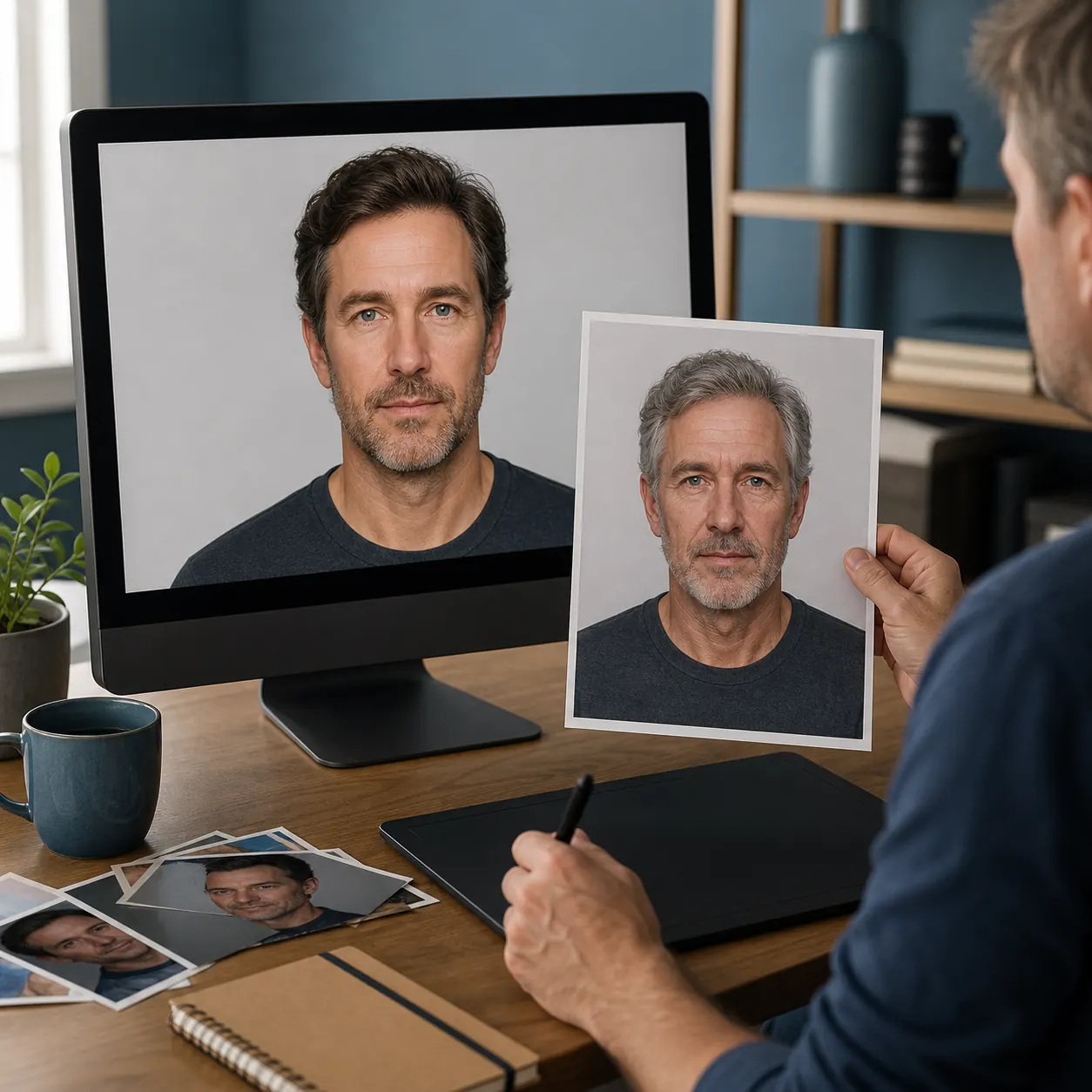 Adult portrait workflow being reviewed on a monitor and as a printed older comparison