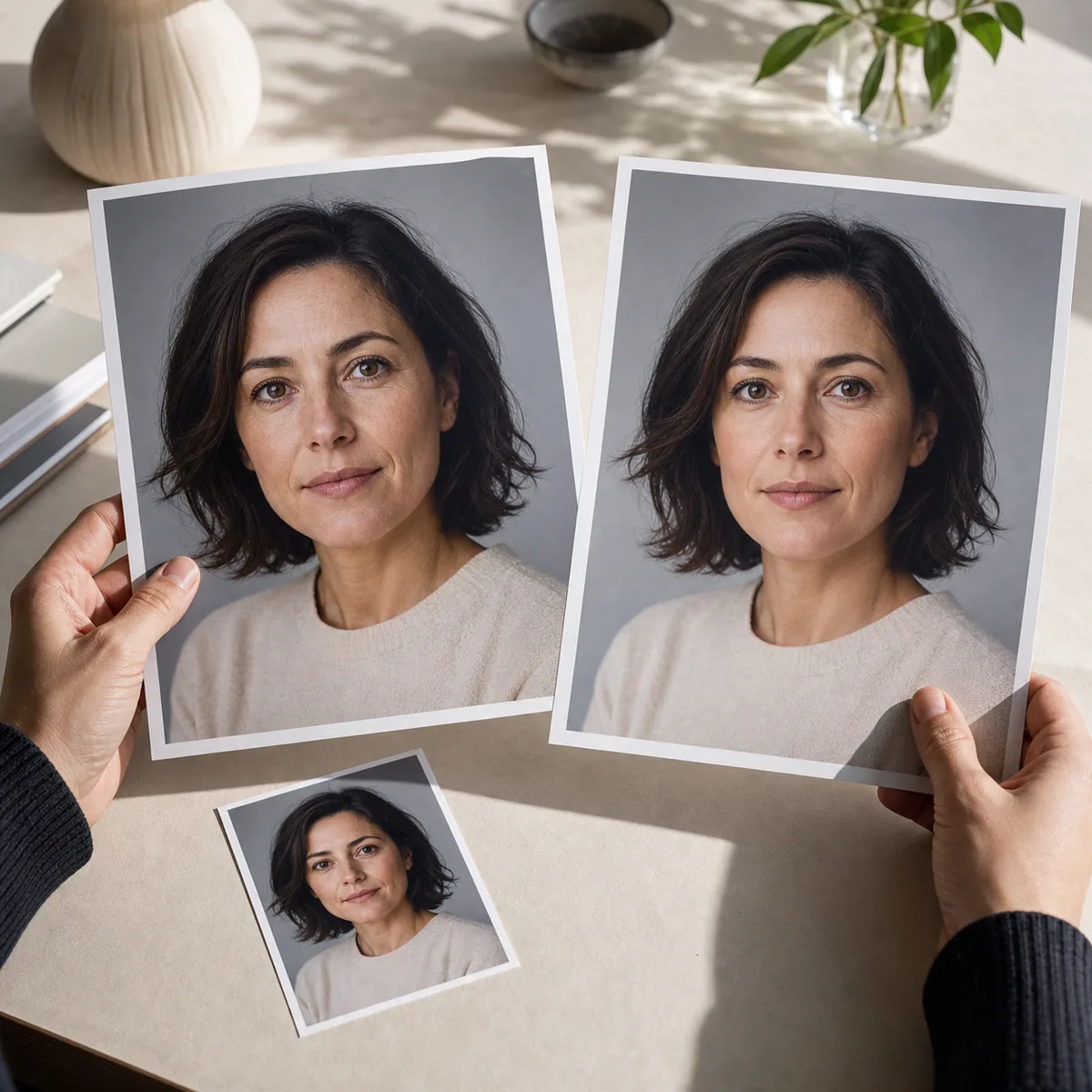 Fotobearbeitungsablauf mit Originalfoto, jüngerem KI-Ergebnis und direktem Vergleich